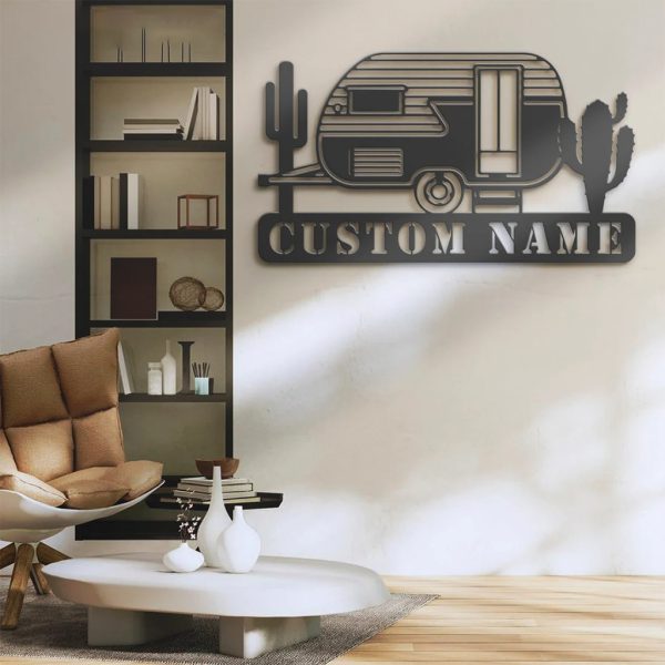 Vintage Trailer With Catus Metal Wall Art Personalized Metal Name Sign Camping Sign Home Decor