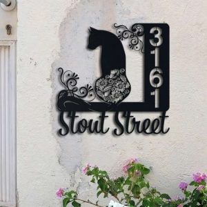 Cat Lovers Metal House Number Sign with Vertical Number and Street Address Personalized Metal Signs