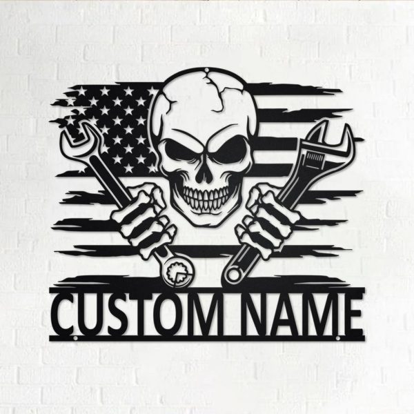 Custom US Skull Car Mechanic Sign Personalized Metal Name Signs Garage Decor