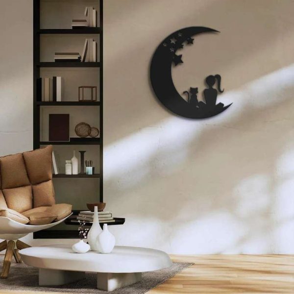 Girl And Cat On The Moon Metal Wall Art Crescent Moon Decoration Boy Girl Kid Room Decor