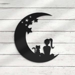 Girl And Cat On The Moon Metal Wall Art Crescent Moon Decoration Boy Girl Kid Room Decor 2
