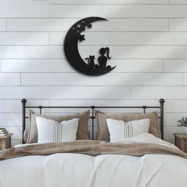Girl And Cat On The Moon Metal Wall Art Crescent Moon Decoration Boy Girl Kid Room Decor