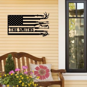 Hunting US Flag Metal Wall Art Personalized Metal Name Sign Deer Hunting Archery Matching Hunter Dad 2