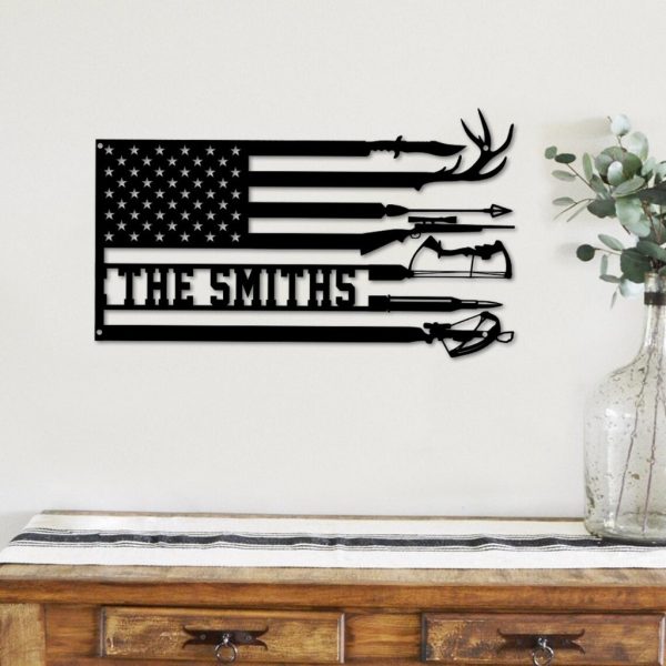 Hunting US Flag Metal Wall Art Personalized Metal Name Sign Deer Hunting Archery Matching Hunter Dad