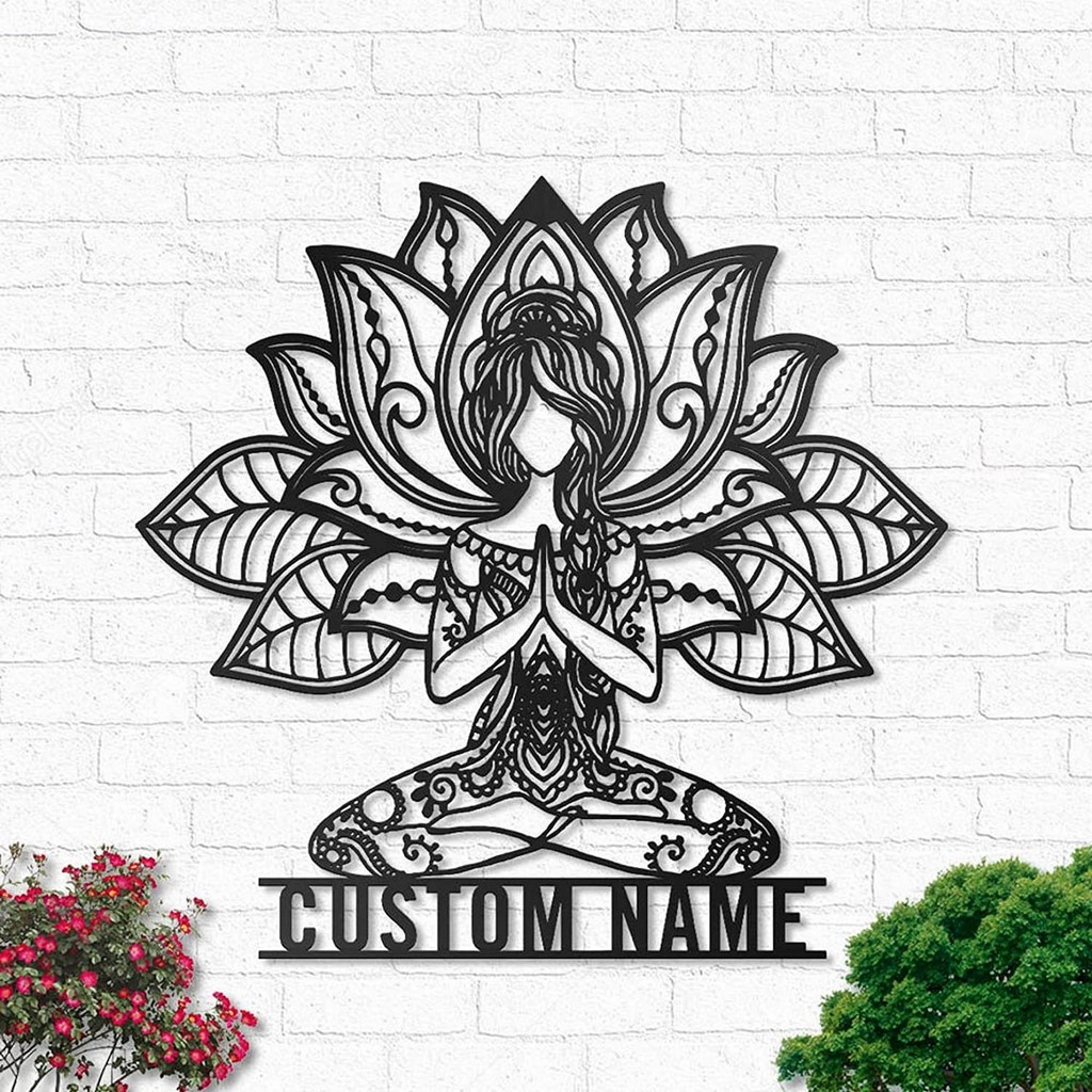 Lotus Mandala Yoga Girl Metal Wall Art Personalized Metal Name Signs Namaste Yoga Room Decor Yoga Decor