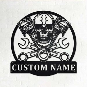 Mechanic Engine Skull Personalized Metal Sign Custom Name Garage Workshop Decor
