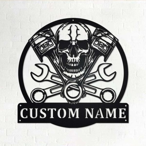 Mechanic Engine Skull Personalized Metal Sign Custom Name Garage Workshop Decor
