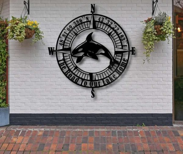 Orca Wall Art Personalized Metal Signs Coordinates Compass Metal Sign Nautical Beach Theme House Decor