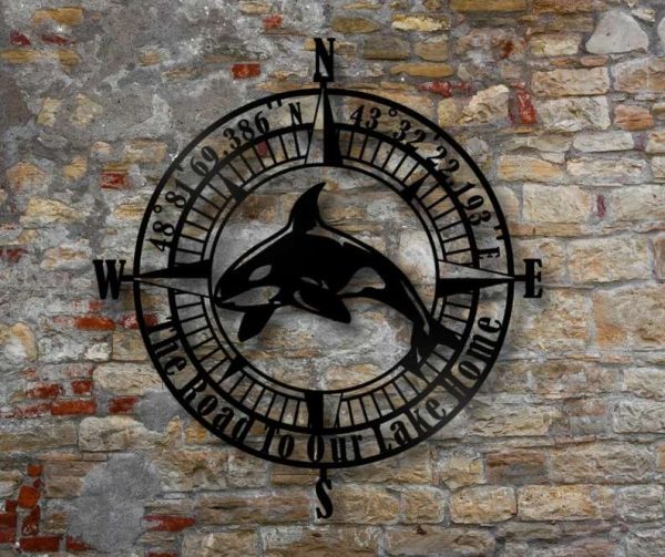 Orca Wall Art Personalized Metal Signs Coordinates Compass Metal Sign Nautical Beach Theme House Decor