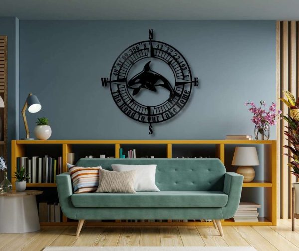 Orca Wall Art Personalized Metal Signs Coordinates Compass Metal Sign Nautical Beach Theme House Decor