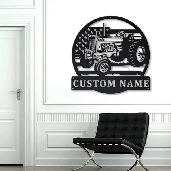 Personalized Farm Tractor Metal Sign US Flag Art Custom Metal Name Signs Farmhouse Decor