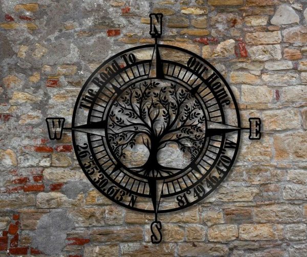 Personalized Life Tree Compass Sign Metal Compass Wall Art Camping Metal Sign