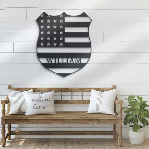 US Police Officer Metal Wall Art Personalized Metal Name Sign Thin Blue Line Police Dad