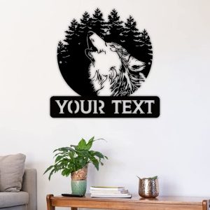 Wolf Howling Forest Metal Art Personalized Metal Name Sign Gift for Wolf Lover Home Indoor Decor 2