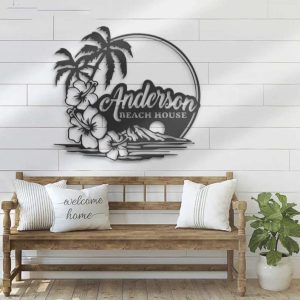 Beach House Name Sign Wall Art Hawaiian Personalized Metal Sign Flower Tree Family Scene 2