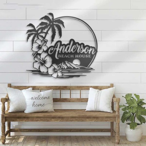 Beach House Name Sign Wall Art Hawaiian Personalized Metal Sign Flower Tree Family Scene