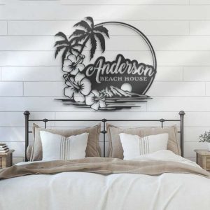 Beach House Name Sign Wall Art Hawaiian Personalized Metal Sign Flower Tree Family Scene 3