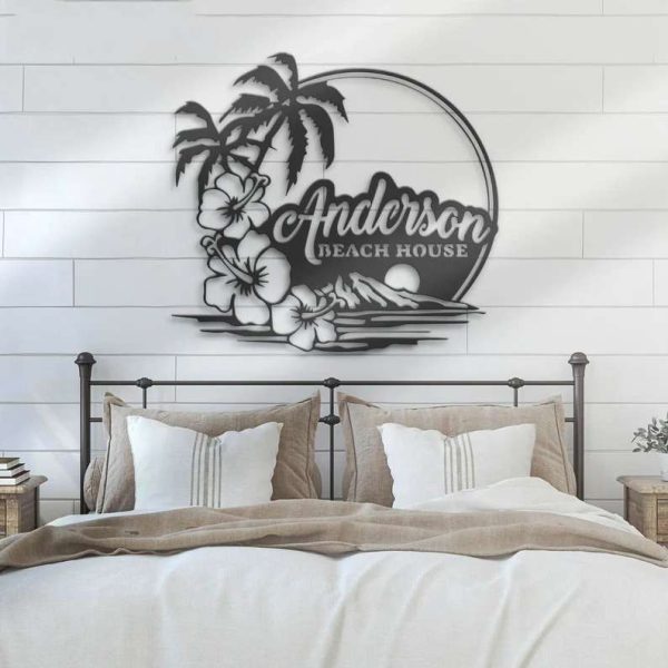 Beach House Name Sign Wall Art Hawaiian Personalized Metal Sign Flower Tree Family Scene