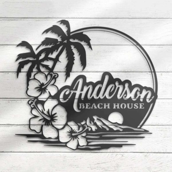 Beach House Name Sign Wall Art Hawaiian Personalized Metal Sign Flower Tree Family Scene