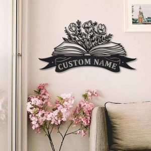 Book With Flowers Personalized Metal Wall Art Reading Sign Book Lover Gift 1