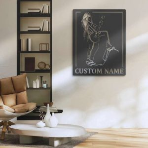 Female Play Guitar Girl Rock And Roll Music Room Guitar Player Singer Personalized Metal Sign 1