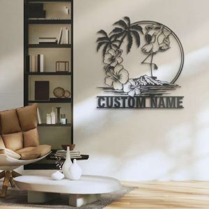 Flamingo Sunglass Hawaiian Name Sign Wall Art Personalized Metal Sign Flowers Scene 1 1