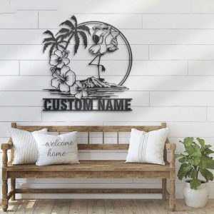 Flamingo Sunglass Hawaiian Name Sign Wall Art Personalized Metal Sign Flowers Scene 2 1