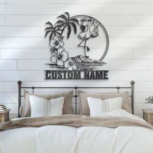 Flamingo Sunglass Hawaiian Name Sign Wall Art Personalized Metal Sign Flowers Scene 3 1