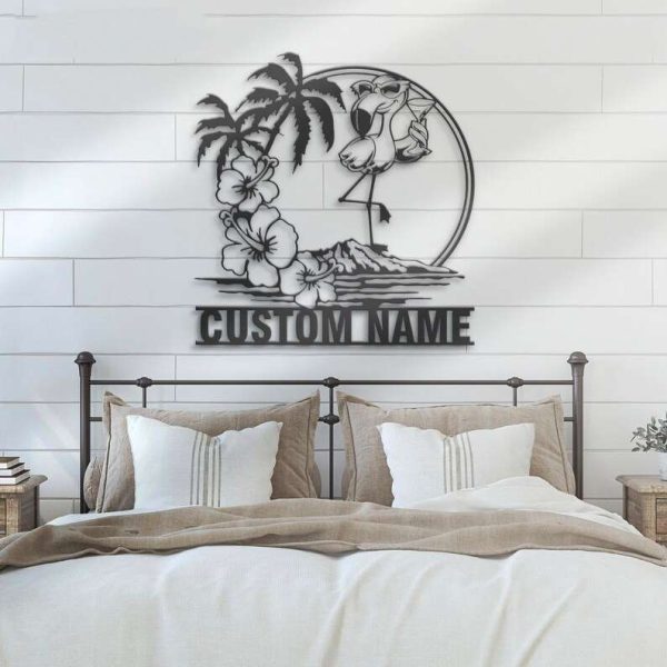 Flamingo Sunglasses Hawaiian Name Sign Wall Art Personalized Metal Sign Flowers Scene