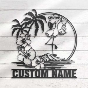 Flamingo Sunglass Hawaiian Name Sign Wall Art Personalized Metal Sign Flowers Scene 4 1