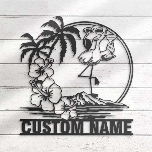 Flamingo Sunglasses Hawaiian Name Sign Wall Art Personalized Metal Sign Flowers Scene