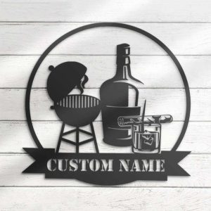 Grill Bourbon Cigar Smoke Name Bar Sign Wall Art Personalized Metal Sign Barbecue Whiskey Gift