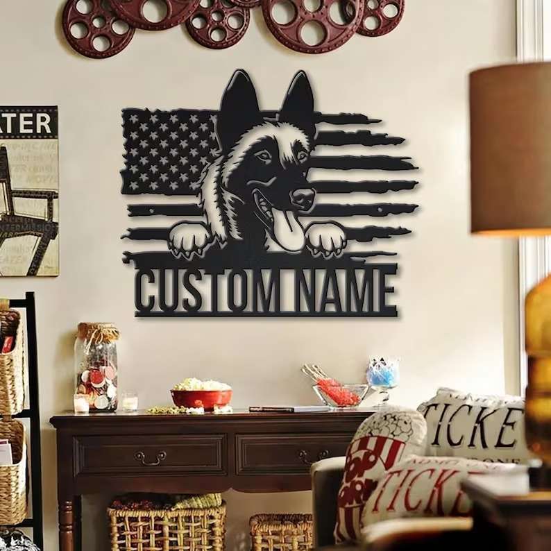 Malinois US Flag Metal Wall Art Dog Lover Personalized Metal Sign