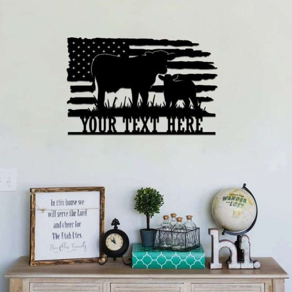 Metal US Flag Cow Farmhouse Sign Custom Farm Decor Gift For Farmer