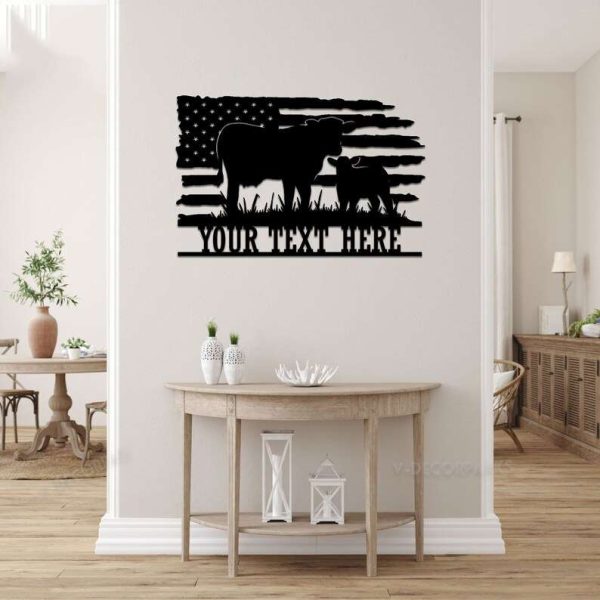 Metal US Flag Cow Farmhouse Sign Custom Farm Decor Gift For Farmer