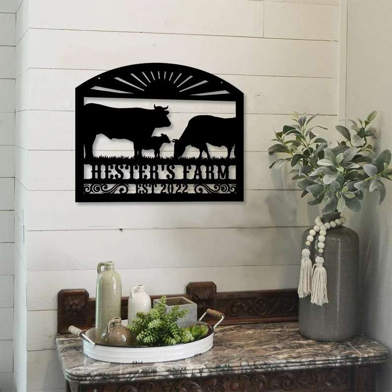 Personalized Cow On A Farm Animal Farmhouse Decoration Cut Metal Sign