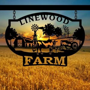Personalized Metal Farm Sign Custom Name Sign for Outdoor Farm Decor with Chicken Cow Barn Tractor and Plaque Design 1