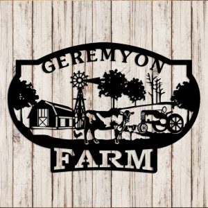Personalized Metal Farm Sign Custom Name Sign for Outdoor Farm Decor with Chicken Cow Barn Tractor and Plaque Design