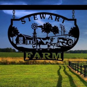 Personalized Metal Farm Sign Custom Name Sign for Outdoor Farm Decor with Chicken Cow Barn Tractor and Plaque Design 5
