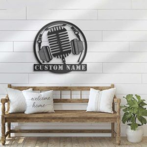 Personalized Music Audio Studio Metal Sign Microphone Headphones Musical Musician Room Music Name Sign