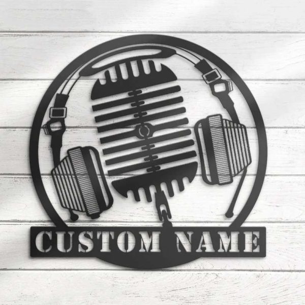 Personalized Music Audio Studio Metal Sign Microphone Headphones Musical Musician Room Music Name Sign