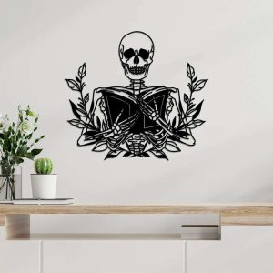 Skeleton Holding Book Reading Sign Book Lover Reader Bookish With Flower Metal Wall Art Decor 1