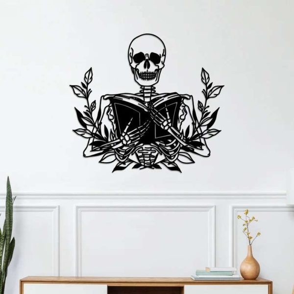 Skeleton Holding Book Reading Sign Book Lover Reader Bookish With Flower Metal Wall Art Decor