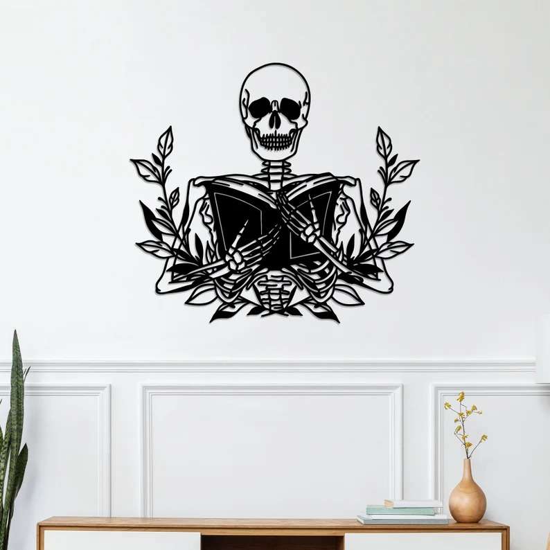 Skeleton Holding Book Reading Sign Book Lover Reader Bookish With Flower  Metal Wall Art Decor - Custom Laser Cut Metal Art & Signs, Gift & Home Decor