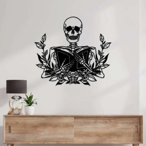 Skeleton Holding Book Reading Sign Book Lover Reader Bookish With Flower Metal Wall Art Decor