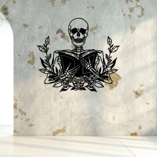 Skeleton Holding Book Reading Sign Book Lover Reader Bookish With Flower Metal Wall Art Decor