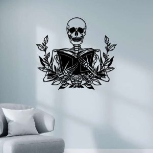 Skeleton Holding Book Reading Sign Book Lover Reader Bookish With Flower Metal Wall Art Decor 5