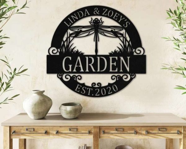 Tropical Dragonfly Garden Monogram Art Personalized Garden Metal Sign