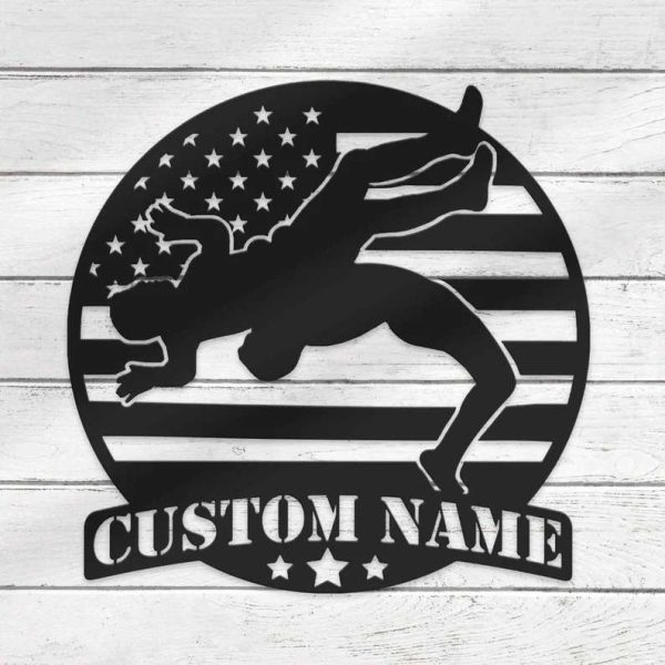 Wrestling US Flag Wrestler Name Sign Personalized Wrestle Metal Sign