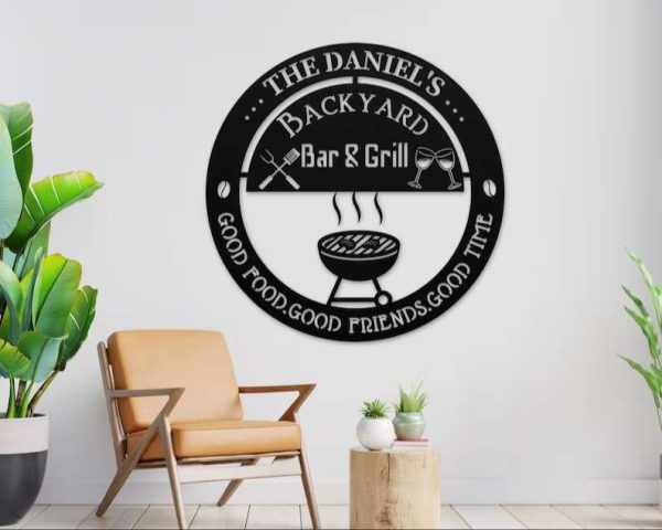 Backyard Bar and Grill Personalized Metal Sign Good Food Good Friends Good Times Chill and Grill Garden Patio Poolside Smokehouse Decor Housewarming Gift